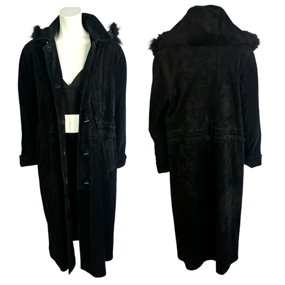 VERNISSAGE VINTAGE BLACK LEATHER TRENCH COAT WINTER COAT WITH FAUX FUR LARGE - Picture 1 of 17